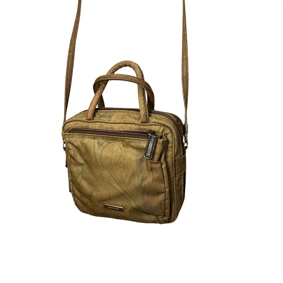 ETRO Paisley Print Crossbody Bag Green Tan Brown Canvas Leather Trim Top Handle